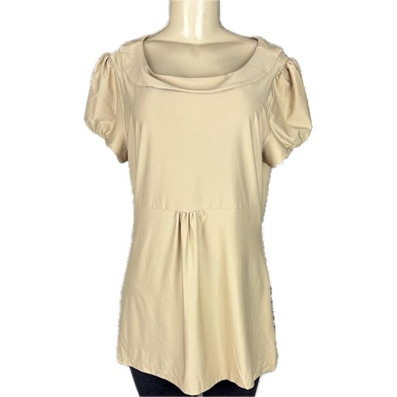 Essentials By Milano L Khaki Crew Collar Elastic Waist Short Sleeve Tunic Top - Picture 2 of 6